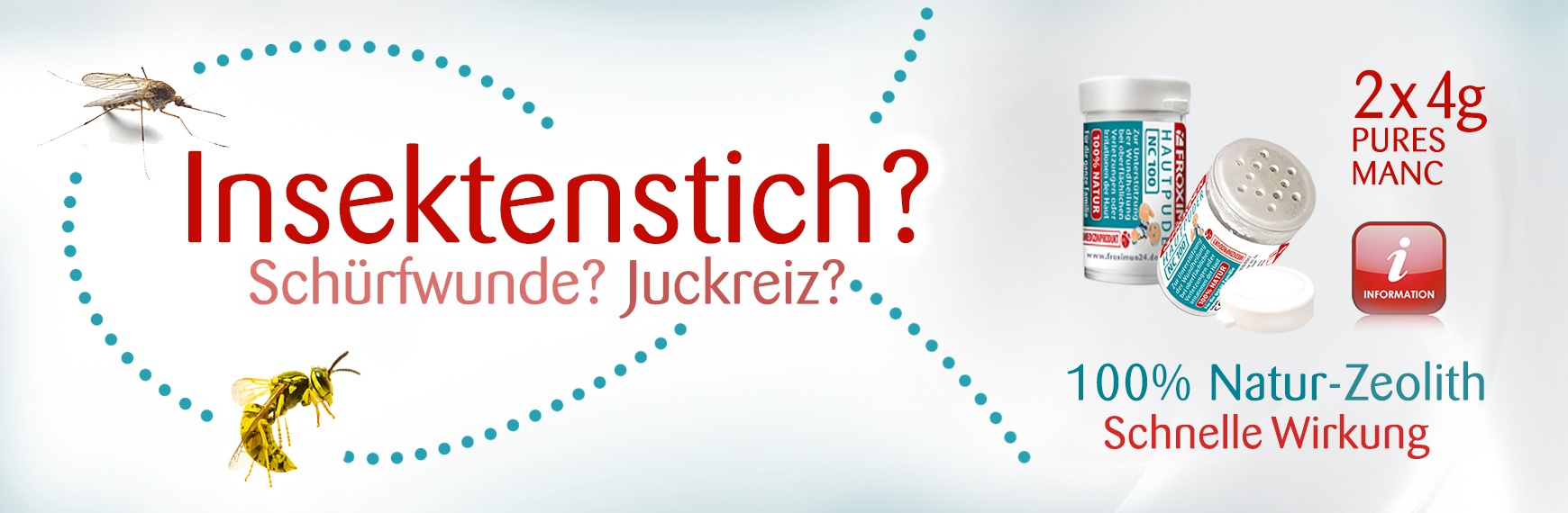 Werbebild für ein Naturprodukt gegen Insektenstiche, Schürfwunden und Juckreiz. Links im Bild sind eine Mücke und eine Wespe zu sehen. In der Mitte der Text: „Insektenstich? Schürfwunde? Juckreiz?“ Rechts daneben sind zwei Dosen des Produkts FROXIMUN® Hau