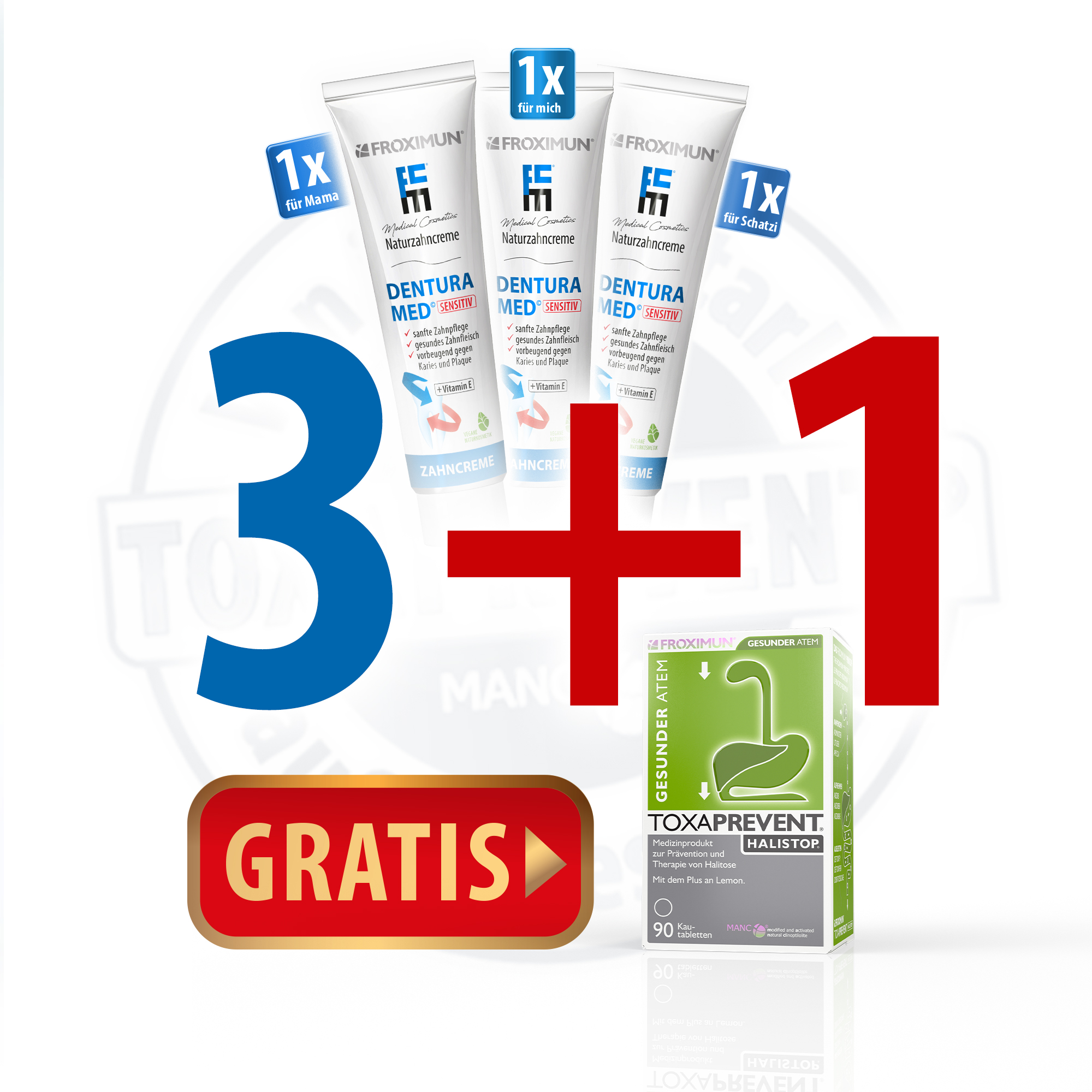 DENTURA MED Zahnpflege-Set | 3x Naturzahncreme 75ml + 1x HALISTOP 90 Kautabletten gratis